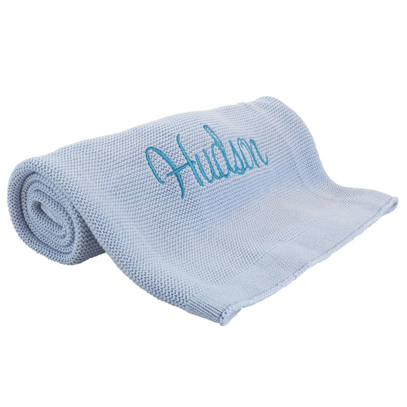 Personalized Baby Blanket, Cotton Knit Blanket Blue