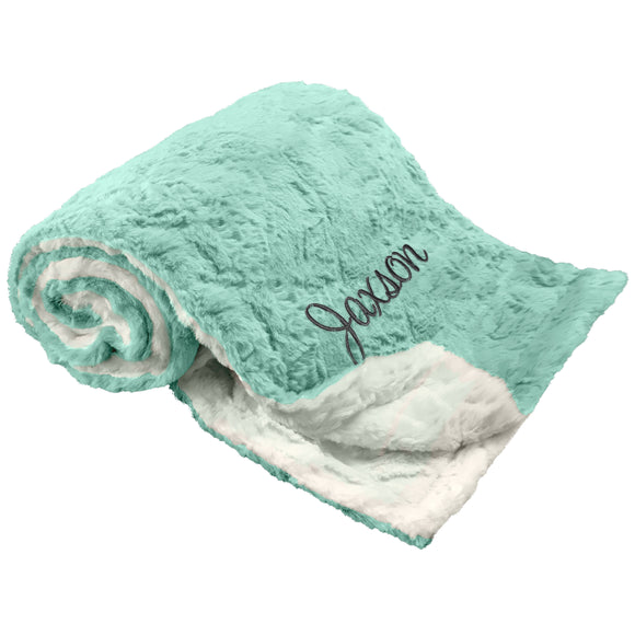 Personalized Baby Blanket, Luxury Faux Fur Baby Blanket, Opal Blue+Ivory