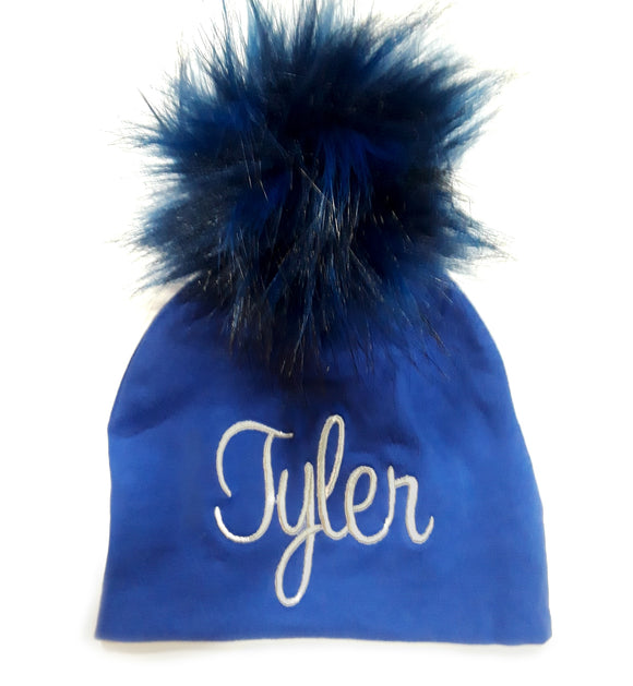 Personalized Baby Hat Royal Blue Cotton with Blue Pompom