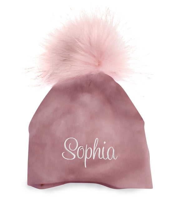 Personalized Baby Hat Mauve Velour with Pink Pompom