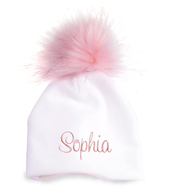 Personalized Baby Hat White Cotton with Pink Pompom