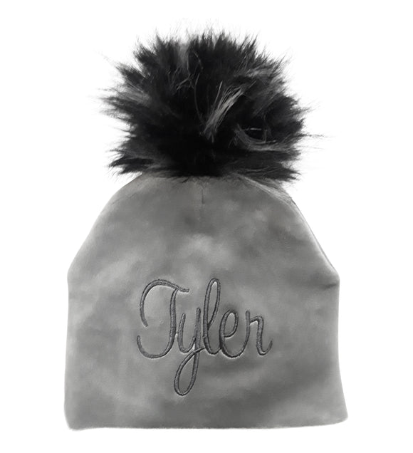 Personalized Baby Hat Gray Velour with Charcoal Pompom