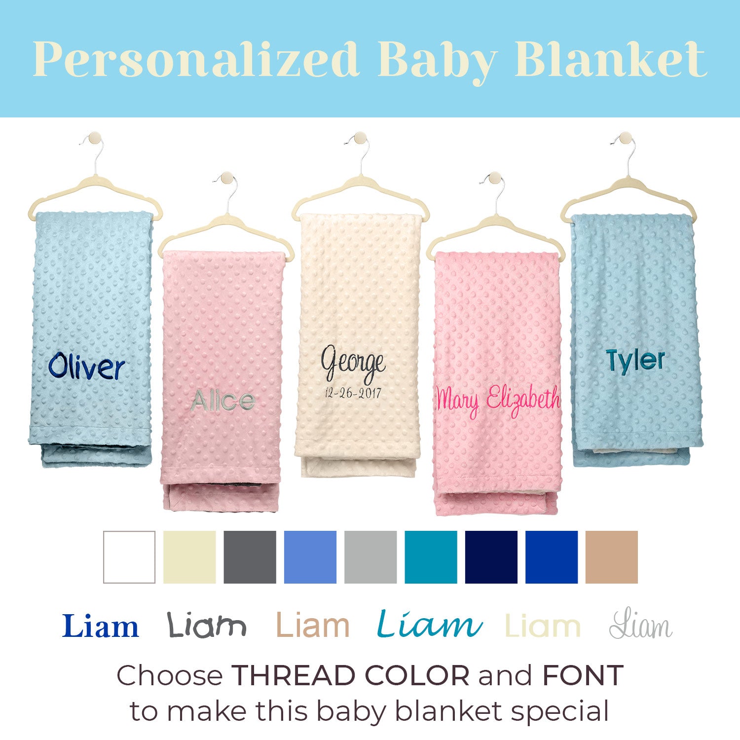 Personalized Baby Blanket, Minky Dot Baby Blanket Blue+Ivory