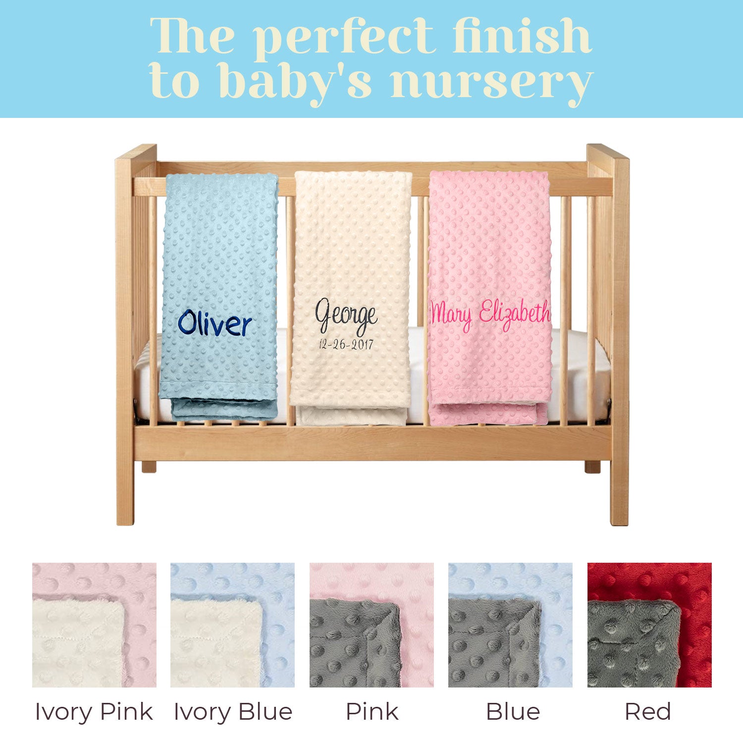 Personalized Baby Blanket, Minky Dot Baby Blanket Blue+Ivory